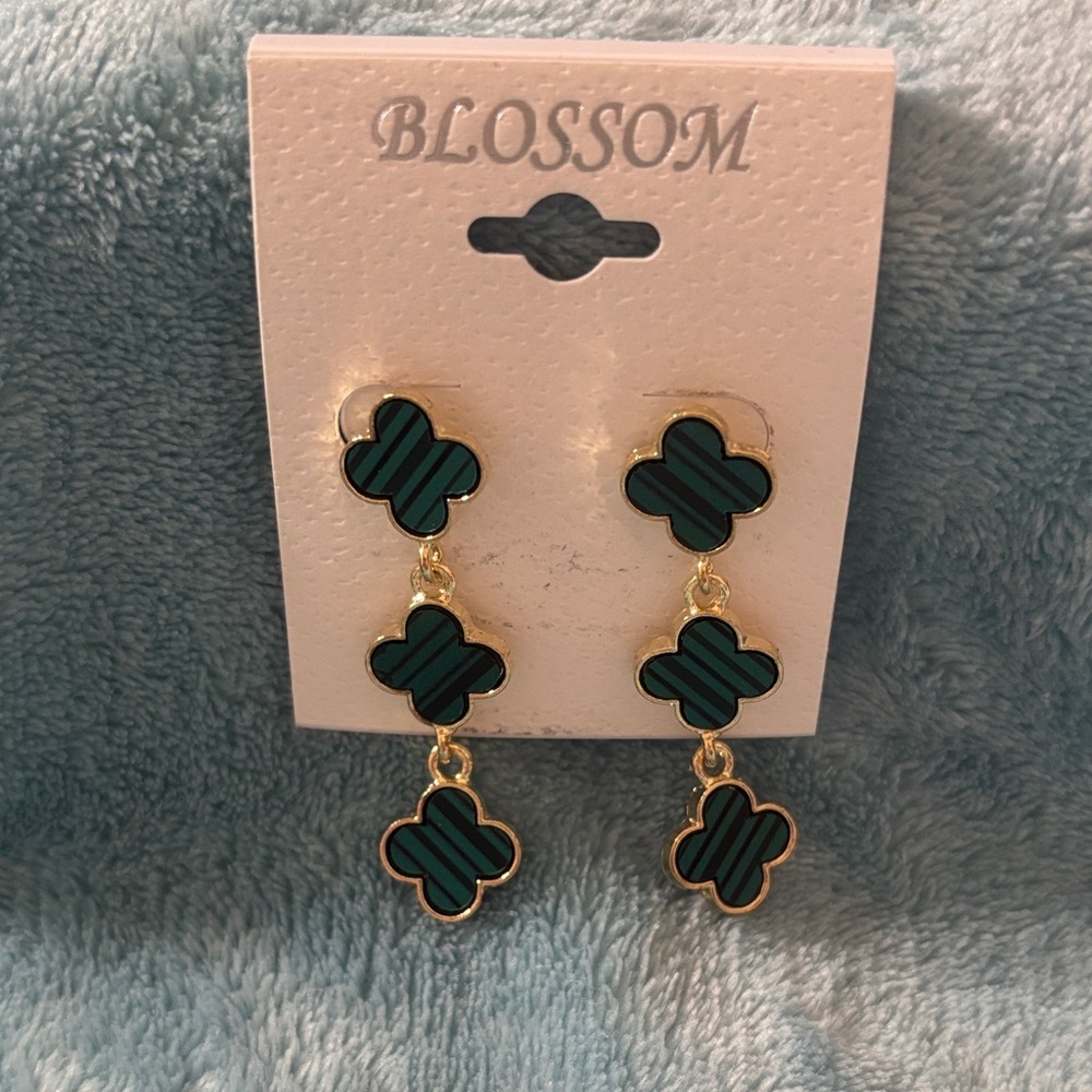 Gold and Black/Green Clover Earrings